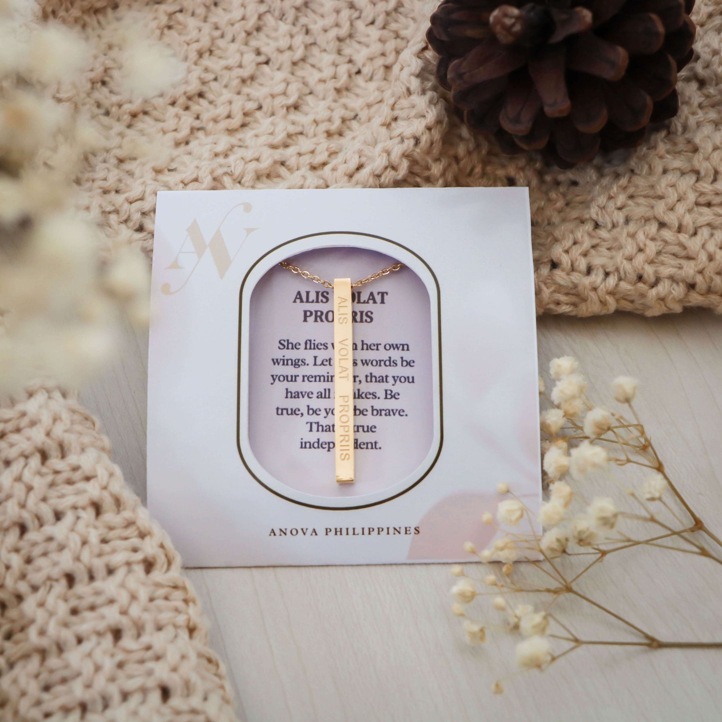 Alis Volat Propriis "She flies with her own wings" Bar Necklace