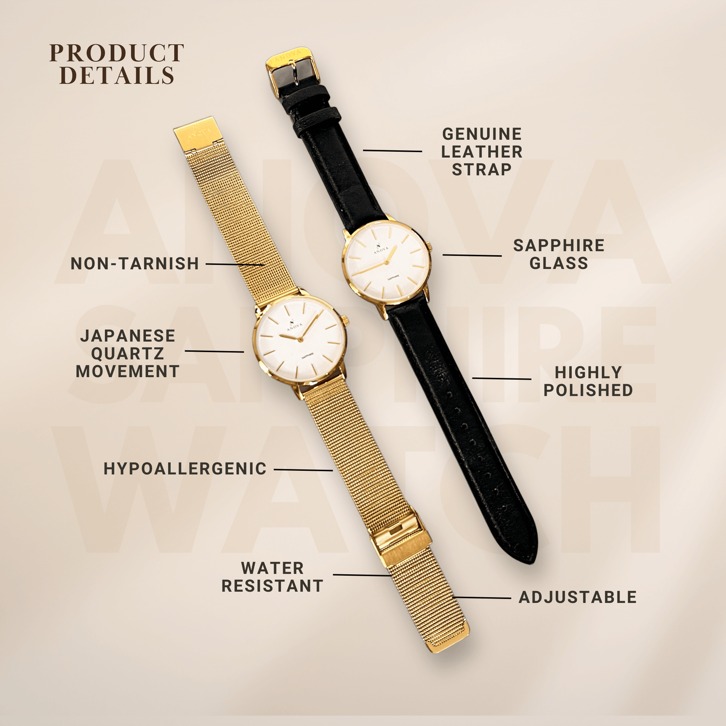 Anova Sapphire Watch ( Free Engraving + Free Leather Strap)