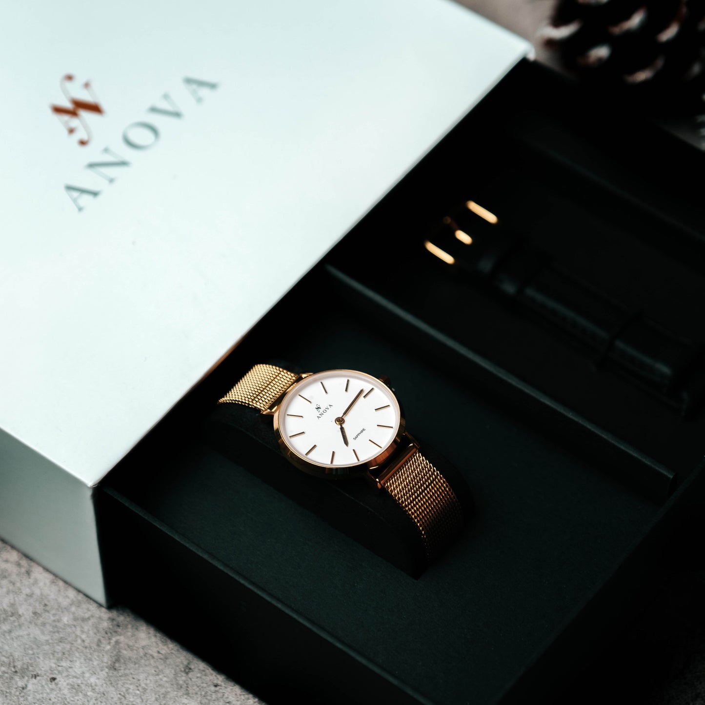 Anova WATCH SET( Personalized ) Gold Genuine Leather Strap Water Resistant